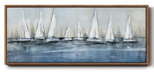 Renditions Gallery Abstract Wall Art for Room Decor Sail Boats Waiting for the Sun Floater Frame Artwork for Bedroom Kitchen Office - 20x50 Walnut Frame LT610