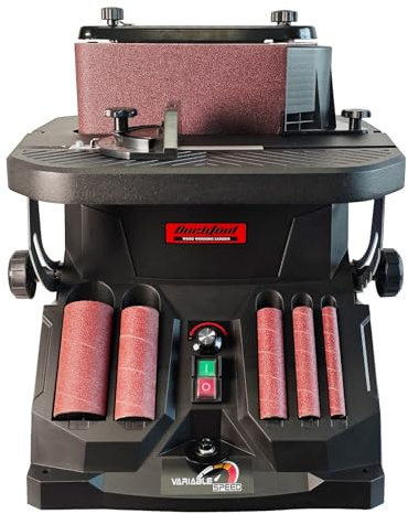 BUCKTOOL Oscillating Belt&Spindle Sander, 450W Variable Speed 1000-1800 RPM | Oscillating Bench Sander with 610 x 100 mm Belt, Five Sleeves and Dust Collection for Edges, Contours and Wood Finishing