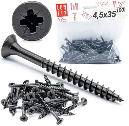 Lot de 100 vis à bois à tête fraisée PZ2 Ø 4,5 x 35 mm en acier galvanisé noir trempé filetage complet autotaraudeuses pour bois, panneaux de particules, placoplâtre, cloison sèche