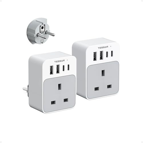 TESSAN UK to European Plug Adapter 2 Pack, EU Travel Plugs with USB C | Grounded Travel Plugs, Travel Adapter UK to Europe, Euro France Spain Germany Turkey Greece Portugal Egypt, Type E F