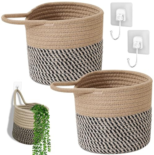 BIZOI Väggkorgar för upphängning, 2 stycken hängande korg med handtag, bomullskorgar 15 x 16 cm, hängande korg växter, blomkruka växtkorgar, korg hängande för kök badrum väggen