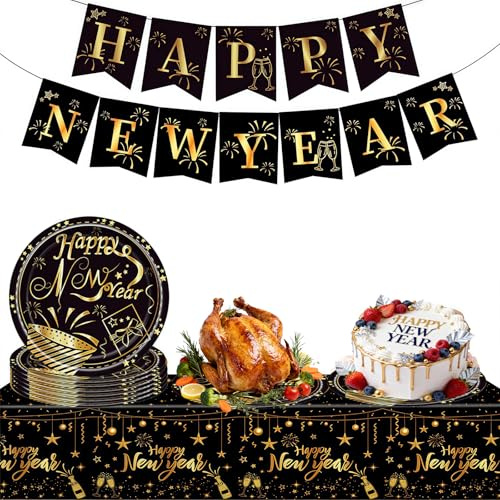 Solihigh Happy New Year Party Tableware Banner Paper Plates Set, 2026 Black Gold Glitter New Years Eve Party Bunting, Nye Eve Paper Plates Tableware Decoration