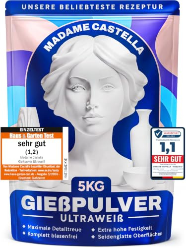 MADAME CASTELLA Gießpulver Weiß 5KG [ULTRAWEIß] Gips zum Gießen | Lufthärtendes Giesspulver Weiss für Silikonformen - Reliefgießpulver - Keramik Gießpulver für traumhafte Ergebnisse