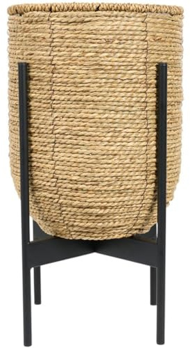 wilko Seagrass Planter on Metal Stand, Natural, Large, 25 x 25 x 47.5cm, Indoor, For Houseplants, Black Stand, Plastic Lining, Woven Seagrass, Home Decor, For Large Plants