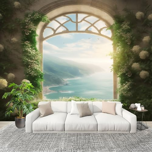 De EnsueñO Vista Al Mar Desde La Ventana Fotomurales Papel Pintado 300x210 cm IlusióN Pintado Panorámico Tejido No Tejido Impermeable Decoración de Habitaciones y Salones Papel Moderna Efectos 3D