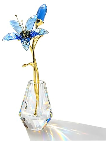 Hoypeyfiy Crystal Blue Lily Flower Figurine, Elegant Collectible Gifts for Women, Home Wedding Party Decor with Crystal Vase and Metal Stem