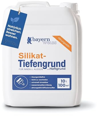 Bayernweiß Silikat Tiefengrund I 10 l für ca. 100 m² I Grundierung für mineralische Untergründe I Haftgrund für Silikatfarbe & mineralischen Putz I Atmungsaktiv, tief eindringend & verfestigend