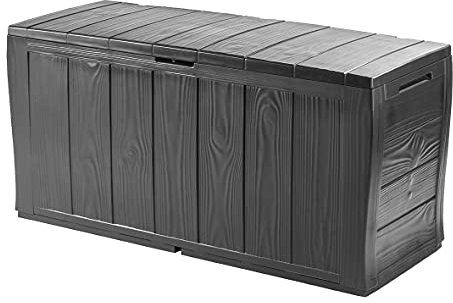 Keter Kofferraum aus Resin aus Paneelen in Holzoptik, inklusive Rollen, abschließbar, 117 x 45 x 57,5 cm, 270 Lt, Graphitgrau