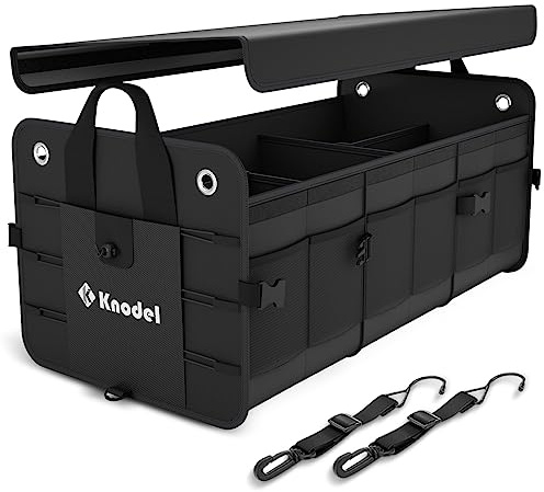 K KNODEL Car Trunk Organizer, Foldable Cover, Heavy Duty Collapsible Truck Storage Organizer, Car Cargo Trunk Organizer with Lid, 3 Compartments, with Straps (Black)