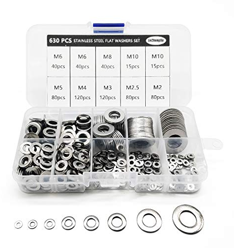 630 Stück große Flach Unterlegscheiben Set, Edelstahl Beilagscheiben, Sicherungsscheiben Sortiment Kit, Metall Scheiben Muttern, 15 Größen M2/M2.5/M3/M4/M5/M6/M8/M10