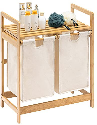 YOUDENOVA Cesto portabiancheria in bambù con ripiani – Cesto portabiancheria con 2 sacchetti estensibili, 2 scomparti, 73 x 64 x 33 cm, avorio