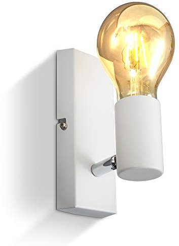 B.K.Licht Lampada da parete orientabile in metallo bianco, adatta per 1 lampadina E27 non inclusa max. 60W, applique da muro per salotto o sala, faretto stile industriale per entrata o scale IP20