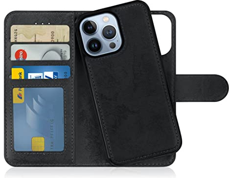 MyGadget Flip-fodral för iPhone 13 Pro - [avtagbart magnetfodral] - mobilfodral av konstläder - [flipfodral med kortplats] skyddsfodral i grått svart