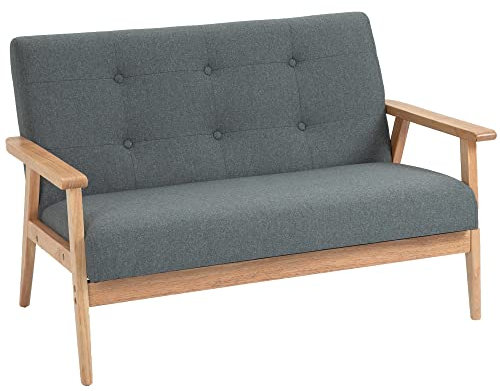 HOMCOM Sofa 2 Sitzer, 115 cm Couch mit Armlehnen, Rückenlehne, Kleine Polstersofa mit Leinenoptik, Holzbeine, Gepolstert Loungesofa für Wohnzimmer, Schlafzimmer, Dunkelgrau
