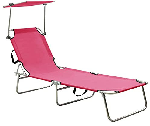 Makastle Sonnenliege mit Dach Relaxliege Strandliege Gartenliege Klappbar Verstellbar Liege aus Stahl und Polyester Material, Gartenliegestuhl Klappliege Gartenstuhl 189 x 58 x 27 cm Magento Rosa