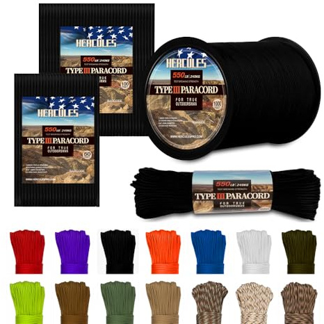 HERCULES Typ III Paracord 7 Stränge 550 Paracord Seil Fallschirmschnur 15 m/30 m/75 m/300 m für Heimwerker, Camping, Survival, Outdoor