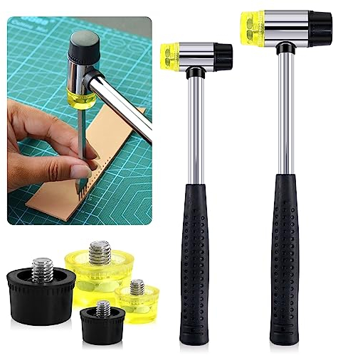 Glarks 2Pcs 25mm/35mm Double-Faced Soft Hammer Mallet with 4Pcs Replacement Heads Kit, Double Head Plastic and Rubber Hammer for Leather Crafts Watch Jewelry Flooring Installation