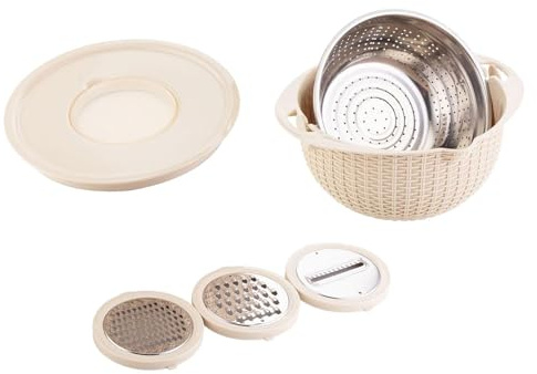 predolo Passoire avec bol à mélanger avec râpe, passoire de cuisine amovible en acier inoxydable, ensemble de bols pour raisins, beige