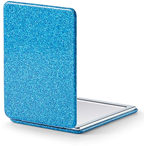 OMIRO Compact Mirror with 1x/3x Magnification, 2-Sided with PU Leather, Pocket Mirror for Wallet, Travel, Gift (Glitter Blue)