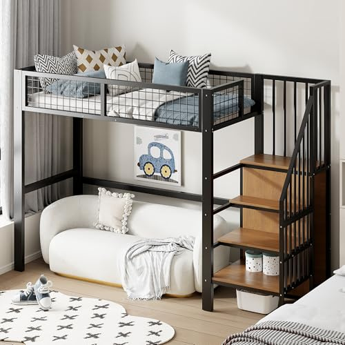 Moimhear Cama Alta 90 x 200 cm, Cama de Hierro con Escalera, Cuna con Marco de Hierro y Estante de Almacenamiento, Armario (Negro)