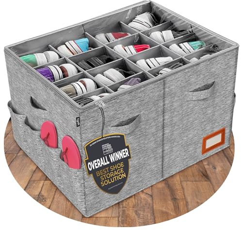 Tydi Shoe Storage Box – Ultra-Stiff Shoe Organiser with Clear Zip Cover, Tag Insert & 16 Compartments – Stackable Shoe Storage Solution & Space Saver for Closet & Wardrobe - Grey
