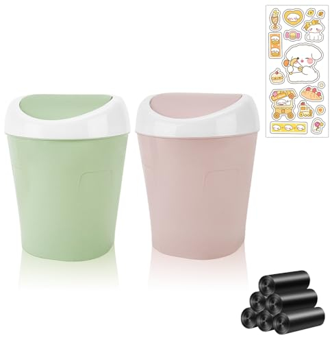 DIBALIYI 2 PCS Mini Tischabfalleimer mit Deckel, Kleiner Tragbar Mülleimer mit 6 Rollen Müllsäcke und 1 Karikatur Aufkleber, Abnehmbar Tisch Papiermülleimer für Haus, Büro, Schule (Grün, Rosa)