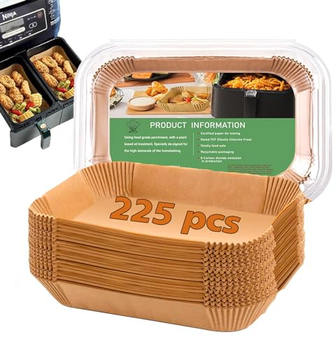 mutvle Ninja Dual Air Fryer Liners, Parchment Paper Liners Disposable for Ninja DZ201, DZ401, FG551, SL401, COSORI 9Qt Dual Air Fryer, 225 Pcs Rectangular, 8.26''x5.3''