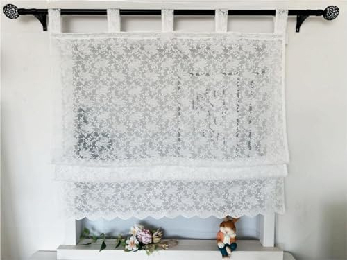 Vordesack Jacquard Raffrollo mit Blumen Muster Landhausstil weiße Spitzenoptik mit gebogten Abschluss Raffgardine mit Schlaufen 1 Stück HxB 140x140cm