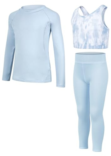 JiAmy Yogabyxor för flickor, atletiska leggings, träningskvättar, set för barn, gym, magtröja, träningskläder, set för 5-12 år, BLÅ, 8-9 Years