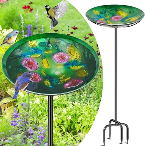Vogeltränke Stehend Für Garten, 100cm Vogeltränke Winterfest Mit Erdspieß, Vogelbad Garten Stehend Frostsicher, Freistehend Metall Vogelbecken Schüssel Wassertränke (Kolibri, Grün)