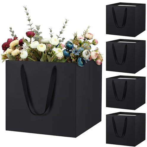 LVNRIDS 5 Stück Geschenktüte Groß, 11.8 inch Quadratische Geschenktüten Papiertüten, Einfarbige Geschenk Tüten für Hochzeit Abschlussfeier Geburtstag Weihnachten Schwarz