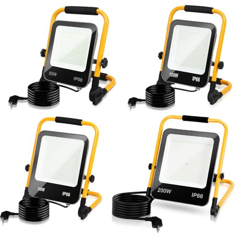 Jiubiaz LED Baustrahler 50W 5100LM Baustellenlampe IP66 Wasserdicht Arbeitsleuchte Strahler 6000K Kaltweiß Bauscheinwerfer 3M Kabel und Faltbarer Ständer für Baustelle Garage Werkstatt（4 Stücke)