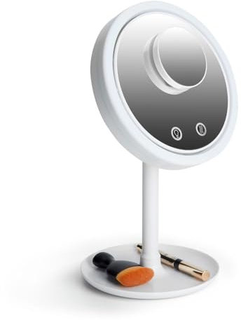 UKIUAN Espejo Maquillaje Aumento con Luz Led y Ventilador Integrado Regulables - Espejo Tocador Organizador Maquillaje 3 Tonos de Luz - Espejo Tocador Touch - Espejo Led Aumento Inclinable