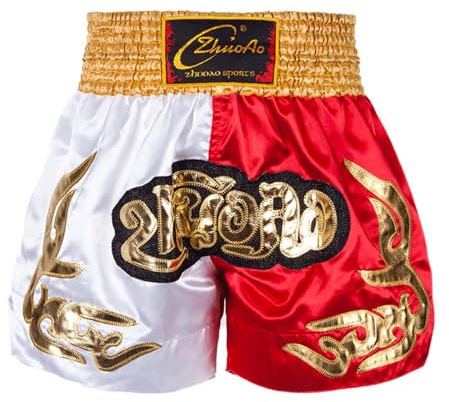 Oyolan Bambino Ragazzo Pantaloncini Muay Thai Boxe MMA Kick Boxing Arti Marziali Pantaloni Corti Allenamento 5-16 Anni, Giallo&bianco&rosso, 7-8 Anni
