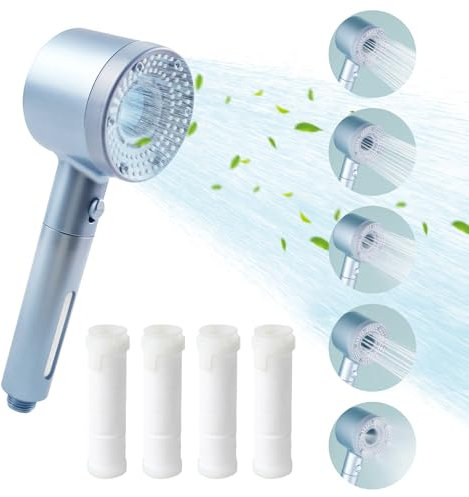 Yuqilin Wassersparender Duschkopf, Duschkopf mit Filter, Fünf Stufen Einstellbar Duschkopf, mit Stoppfunktion Duschbrause, Stress Erhöhen Regendusche Duschkopf, mit 4 Stück PP-Baumwolle (Silber)