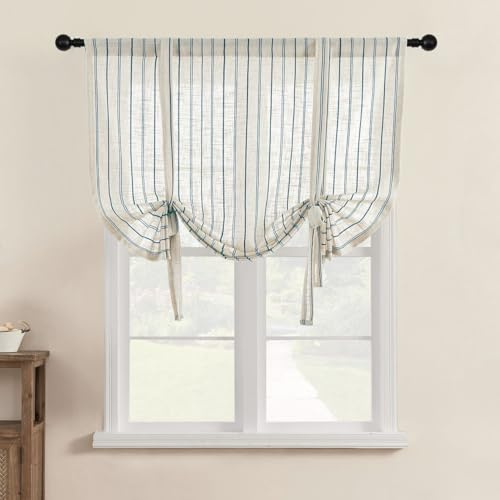Lsimeru Gestreift Leinen Raffrollo Landhausstil Shabby mit Tunnelzug Raffgardinen Bändchenrollo Scheibengardinen Bistrogardine Rollos Kurz Gardinen Kurzvorhang 140x140