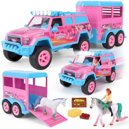 Charmofun Pferdeanhänger Spielzeug, Pferdetransporter mit Sound und Lichtern (inkl. Auto, Figur, 2 Einhörner, 8 Accessoires), Pferdespielzeug für Kinder ab 3 Jahren, Geschenk für Mädchen und Jungen