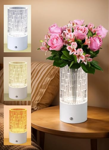 SFBKGTU 2-in-1 Kabellos Skandinavische Tischlampe mit Blumenvase, Touch Dimmbare Nachttischlampe, USB Aufladbar, 1500mah Akku, Acryl LED Vase Lampe für Schlafzimmer - Wohnzimmer Modern Deko Blumen