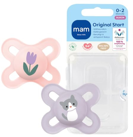 MAM Original Start Schnuller, 0-2 Monate, 2 Stück | Stillfreundlich & instinktiv akzeptiert, SkinSoft Silikon, zahnfreundliches Design, inkl. Sterilisierbox, BPA/BPS-frei