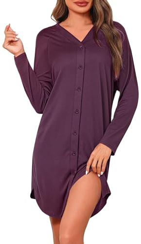 Crewhpo Camicia da Notte Donna Cotone Camicie Notte a Maniche Lunghe Comodo Vestaglia Ospedale Scollo a V Pigiama Aperta Davanti con Bottoni Viola S