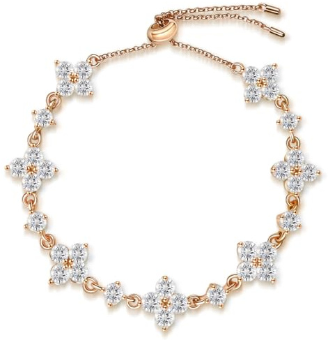 FEIKFEIZ Armband i moissanit, laboratorieodling av moissanitdiamant, 18K roséguldpläterat, justerbart klöverarmband, present för kvinnor.