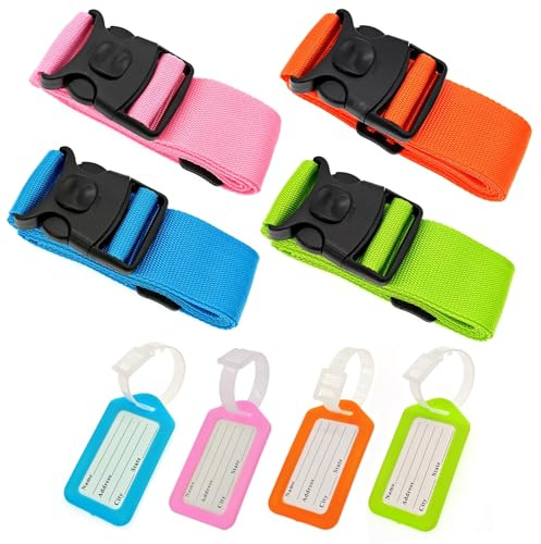 JZK 4X Sangles Valise et 4X Étiquettes d’Adresse - Ceinture Bagage Réglable | Colorées Haute Visibilité, Double Système de Verrouillage, Ceinture de Serrage avec Boucle Rapide pour Voyage et Aéroport