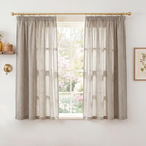 PONY DANCE Küchen Gardinen mit Kräuselband Kurze Vorhänge H160 x B140 cm | 2er Set, Natur, Halbtransparent, Boho Style, für Schienensystem, Lichtdurchlässig, für Wohnzimmer Kleine Fenster