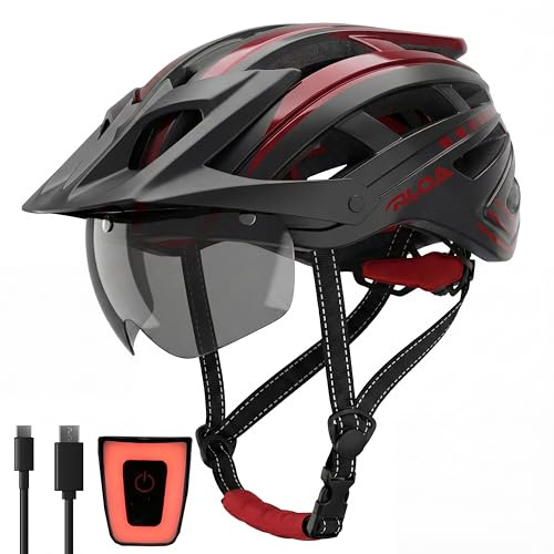 RLQA Fahrradhelm Herren Damen, MTB/Rennrad Helm mit Abnehmbarer Magnetischer Visier & Brille, Radhelm mit 24 Luftungsschlitzea, LED Rucklicht, Reithelm Verstellbare GroBe (M:54-58cm, Schwarz&Rot)