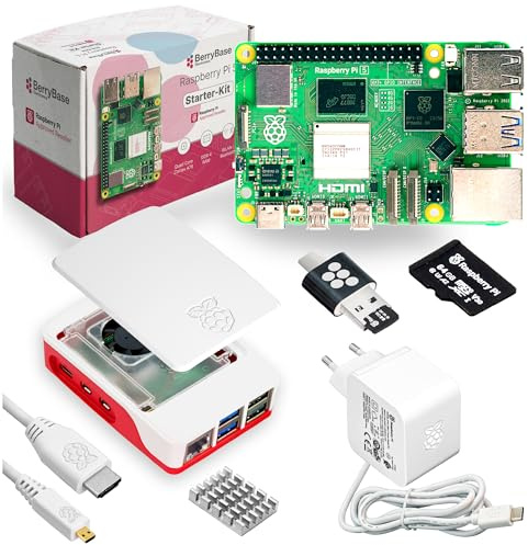 BerryBase Raspberry Pi 5 Starterkit (1GB RAM) – Offizielles Bundle mit Gehäuse, Netzteil 27W, MicroSD (vorinstalliert mit Raspberry Pi OS), HDMI-Kabel, Kartenleser & Geschenkverpackung