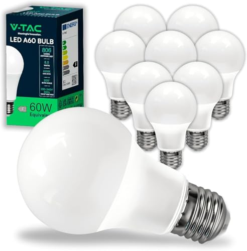10X Lampadine LED E27 A60, 8.5W Equivalenti a 60W, 806 Lumen, Luce Bianca Calda 3000K, Termoplastico, 85% Risparmio Energetico, Confezione da 10