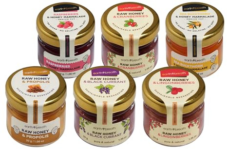Earthbreath Raw Honey Mini Jar Set – 6 x 30g Assorted Honey Selection – Raw Honey Jam, Marmalade, Propolis - Natural Honey Tasting Gift Set