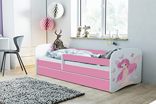Bjird Kinderbett Jugendbett 70x140 80x160 80x180 Rosa mit Rausfallschutz Schublade und Lattenrost Kinderbetten für Mädchen - Fee mit Schmetterlingen 160 cm