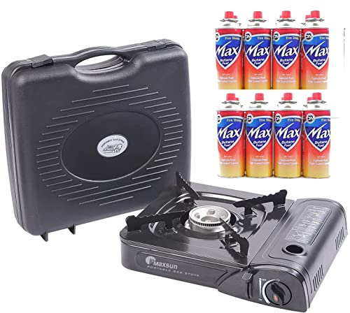 MAXSUN Portable Gas Stove, Single Burner, Stainless Steel, Butane Fuel, Perfect for Picnics & BBQ, Bonus 8 Butane Gas Canisters