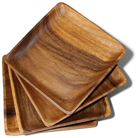 WRIGHTMART Lot de 4 assiettes carrées en bois d'acacia de 25,4 cm, vaisselle rustique en bois dur pour steak, barbecue, charcuterie, ou comme chargeur en bois